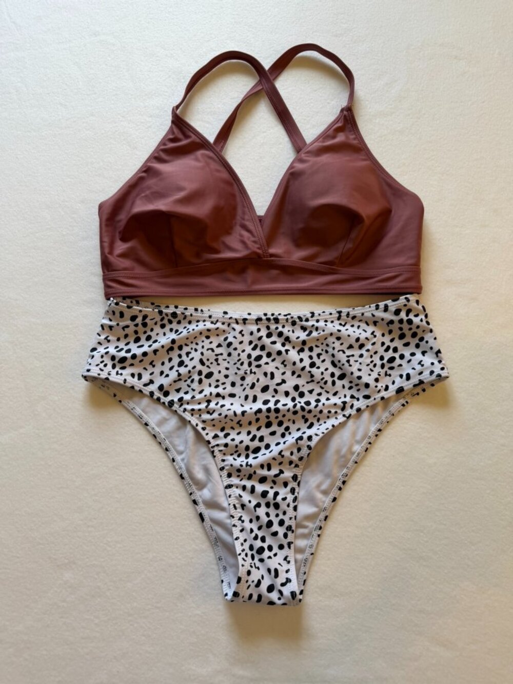 Women’s 2 Piece Swimsuit NWOT Mauve Crisscross Top Animal Print Bottoms